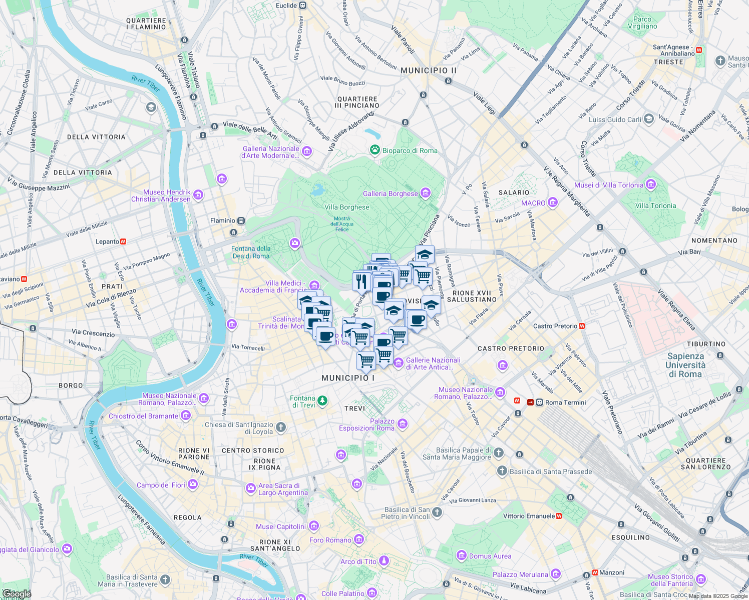map of restaurants, bars, coffee shops, grocery stores, and more near 31 Via Lombardia in Roma