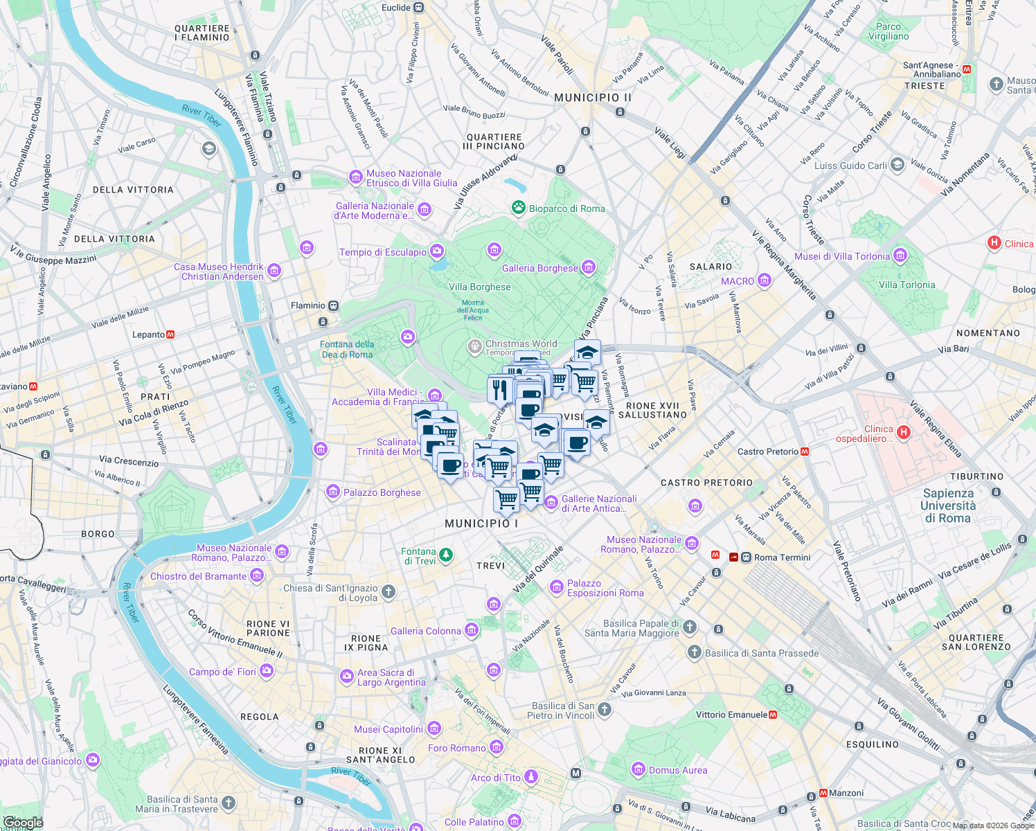 map of restaurants, bars, coffee shops, grocery stores, and more near 31 Via Lombardia in Roma