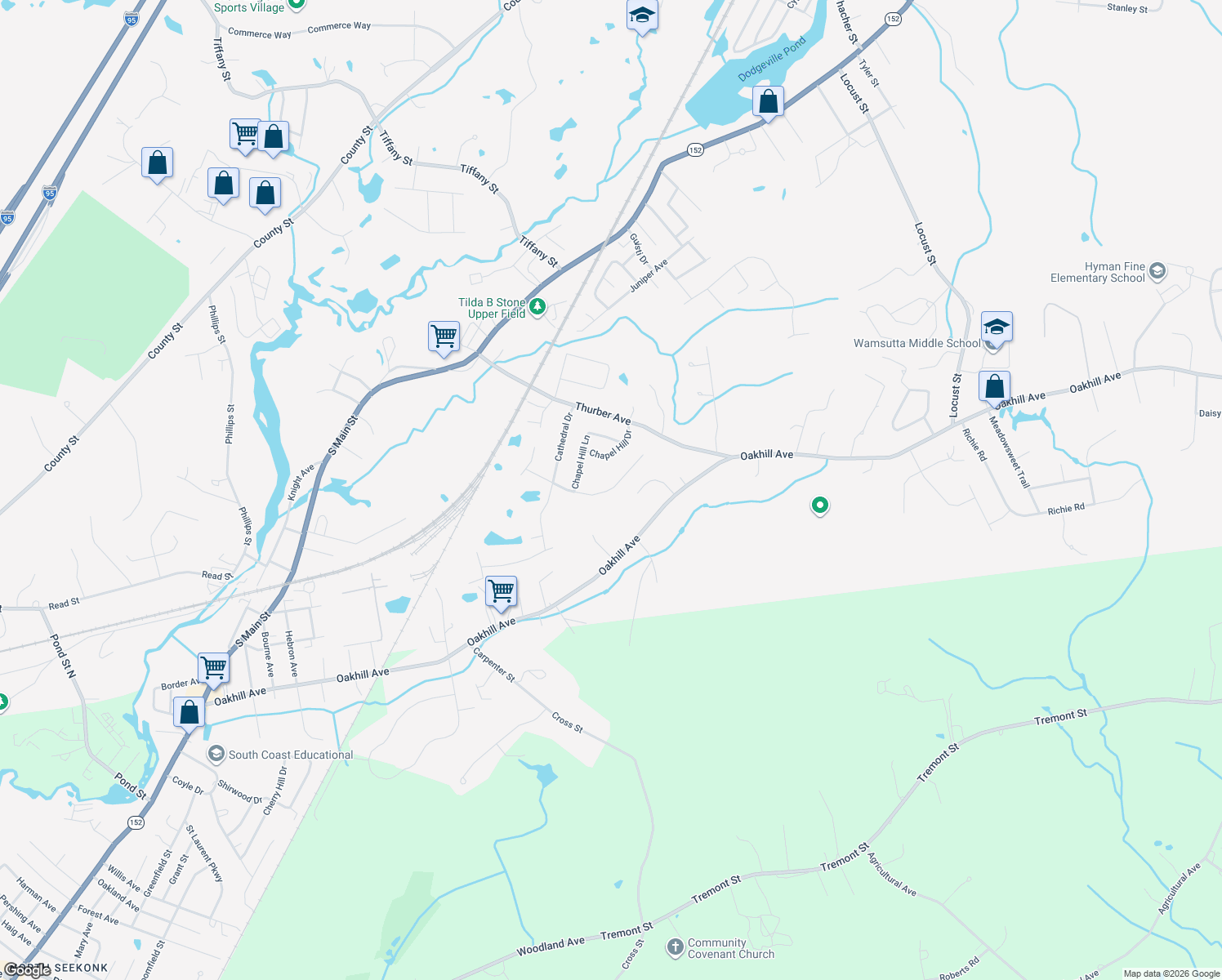 map of restaurants, bars, coffee shops, grocery stores, and more near 86 Parsonage Way in Attleboro
