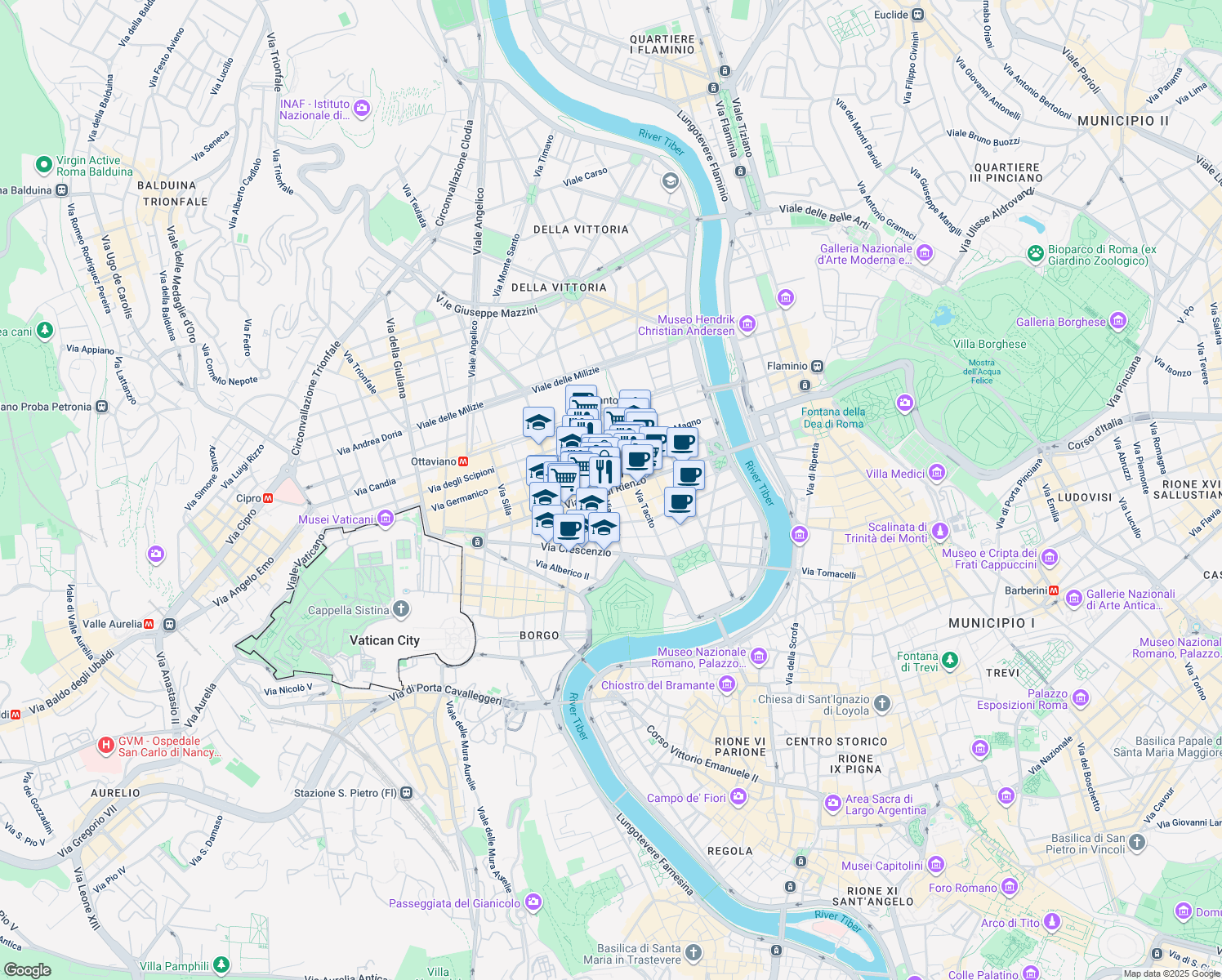 map of restaurants, bars, coffee shops, grocery stores, and more near in Rome