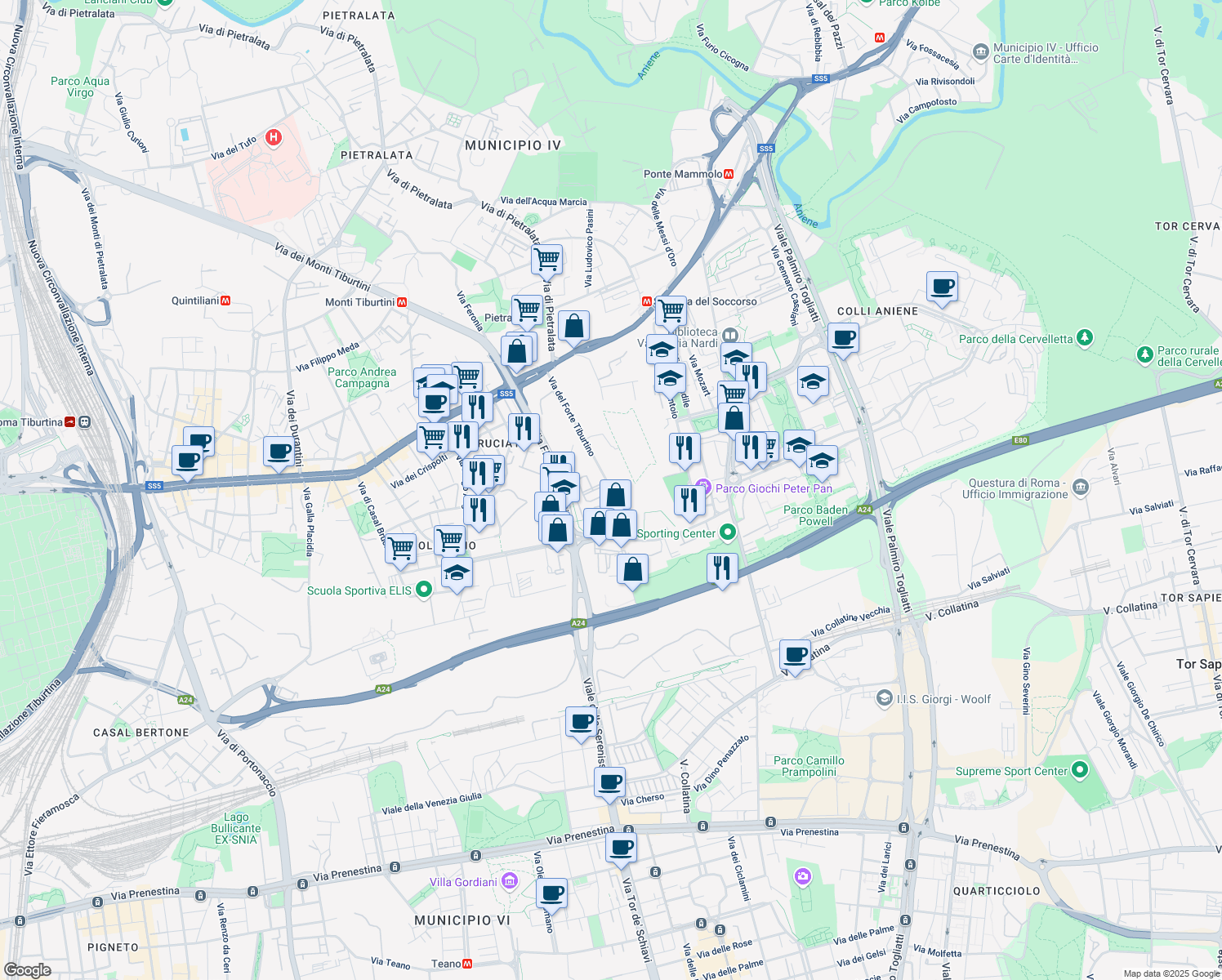 map of restaurants, bars, coffee shops, grocery stores, and more near 161 Via del Forte Tiburtino in Rome