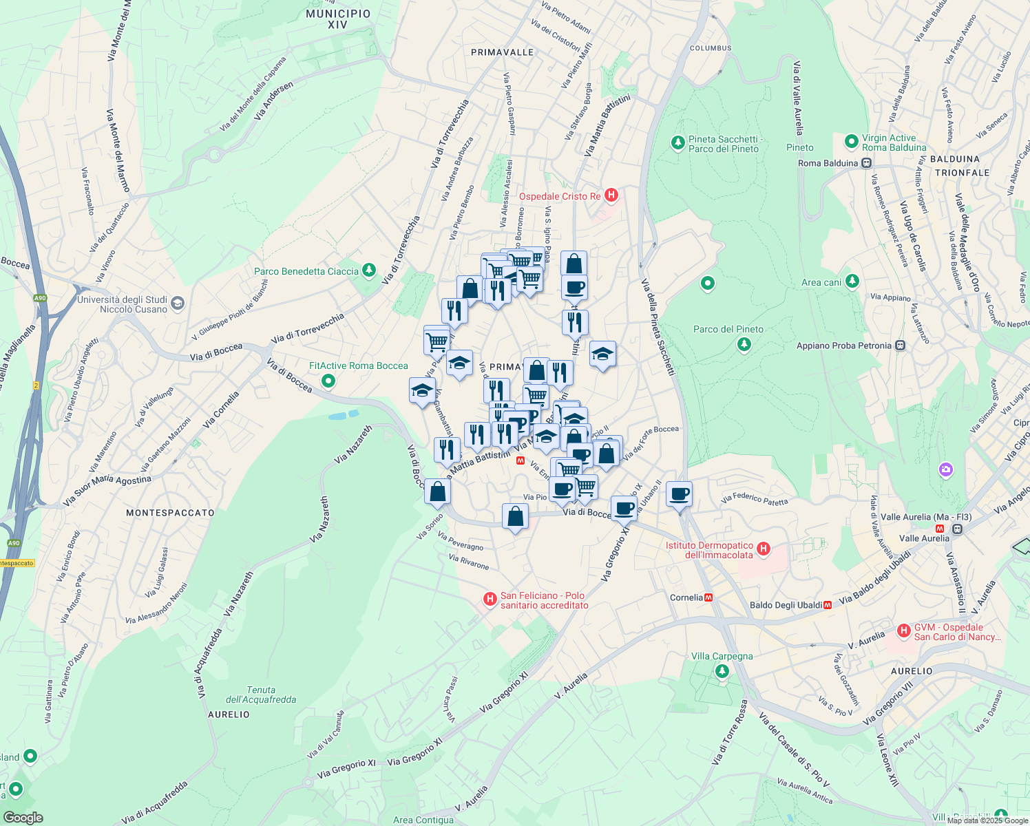 map of restaurants, bars, coffee shops, grocery stores, and more near Via Fausta Labia in Roma