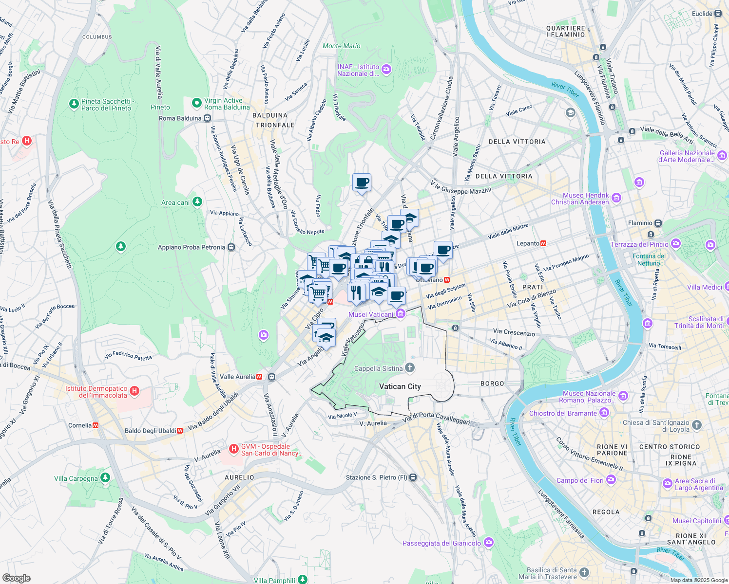 map of restaurants, bars, coffee shops, grocery stores, and more near in Rome