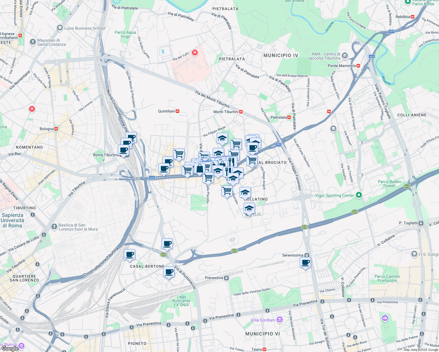 map of restaurants, bars, coffee shops, grocery stores, and more near 598 Via Tiburtina in Rome