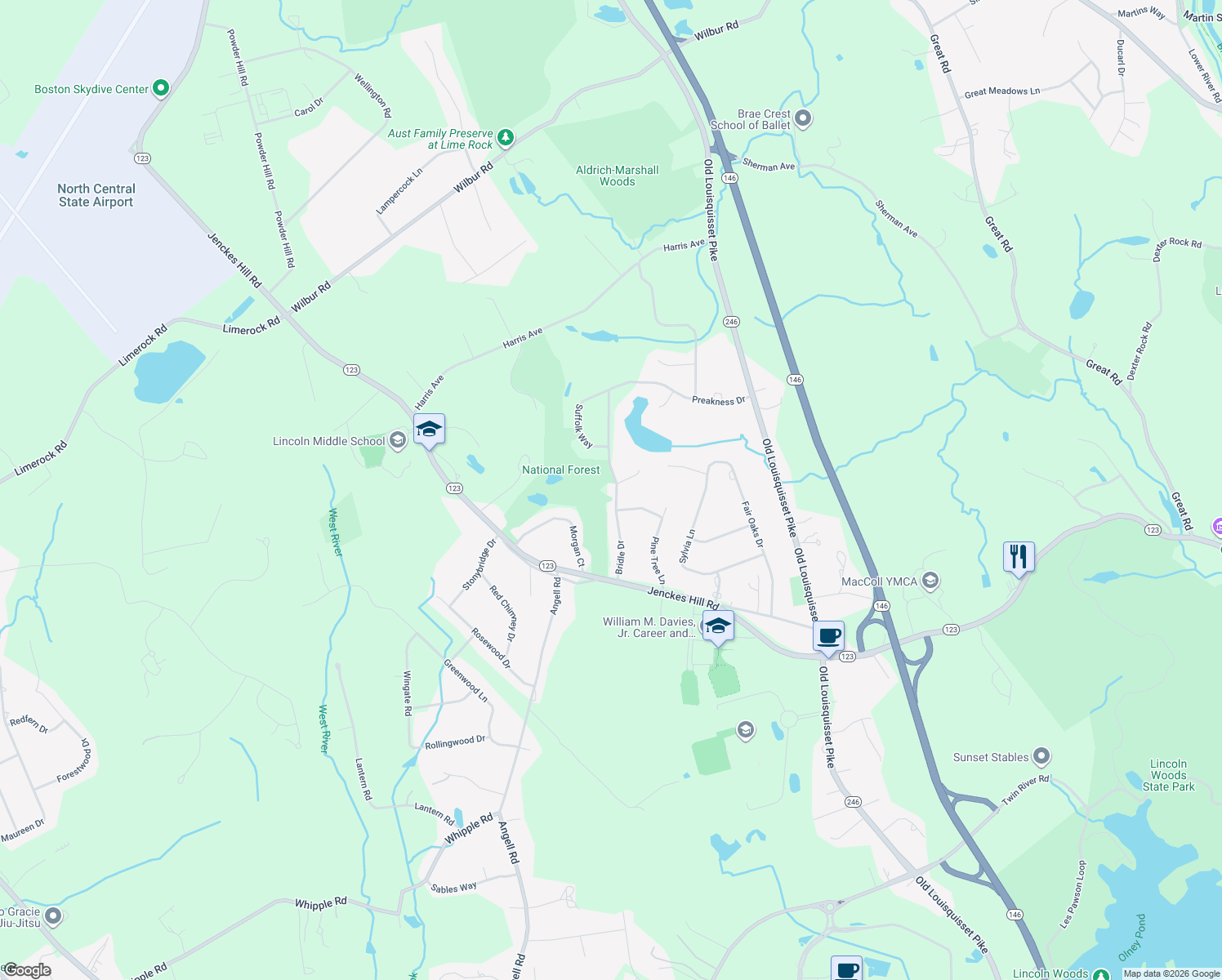 map of restaurants, bars, coffee shops, grocery stores, and more near 15 Bridle Drive in Lincoln