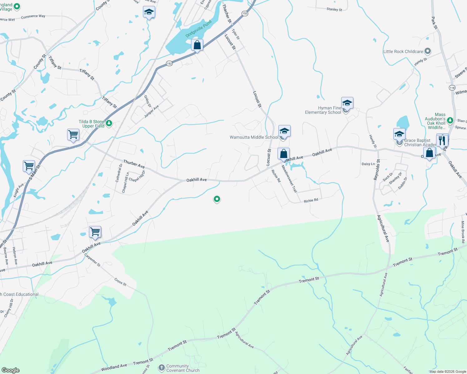 map of restaurants, bars, coffee shops, grocery stores, and more near 99 Kimberly Ct in Attleboro