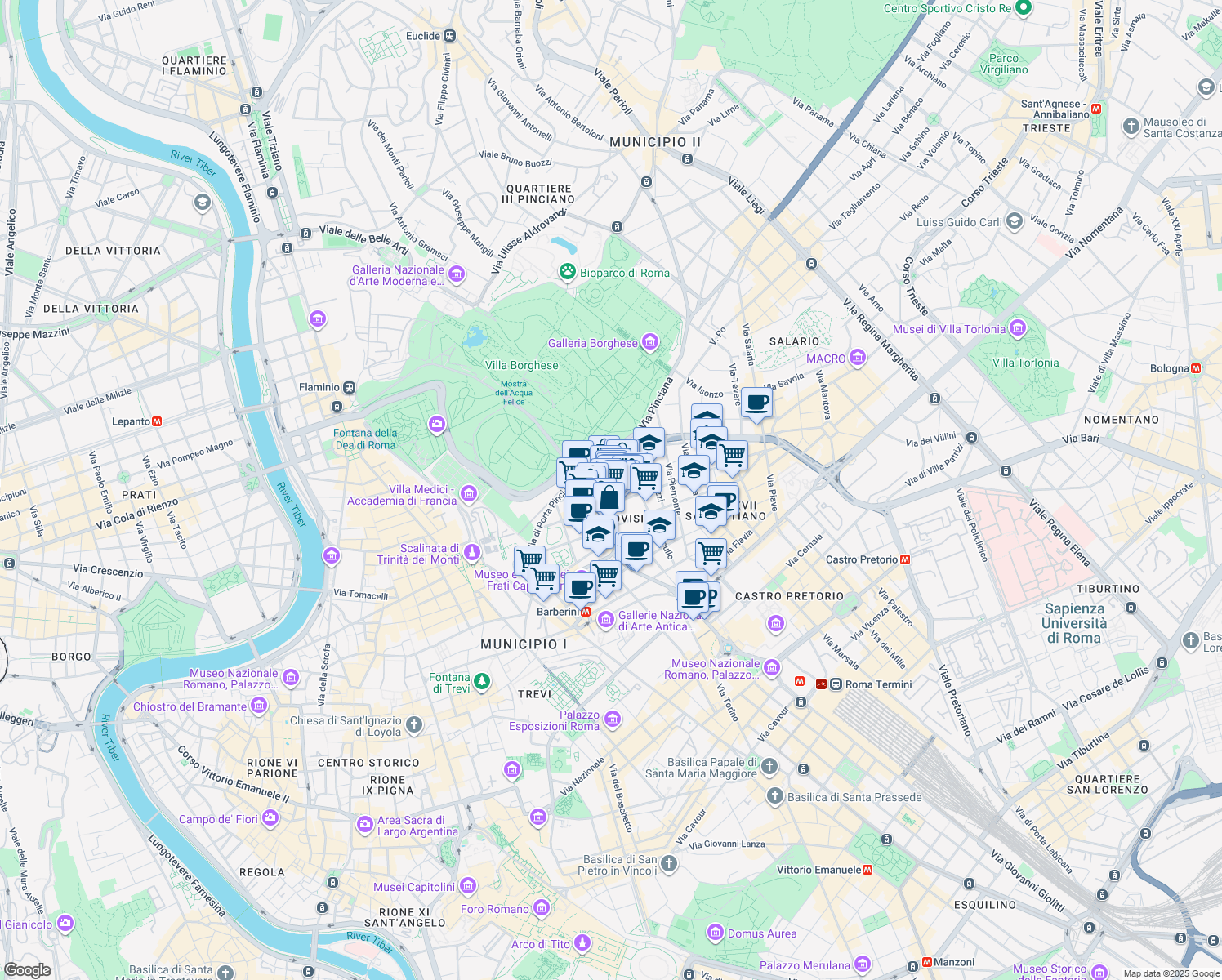 map of restaurants, bars, coffee shops, grocery stores, and more near in Rome