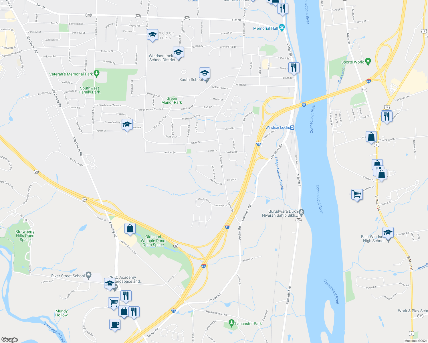 map of restaurants, bars, coffee shops, grocery stores, and more near 44 Alicia Terrace in Windsor Locks