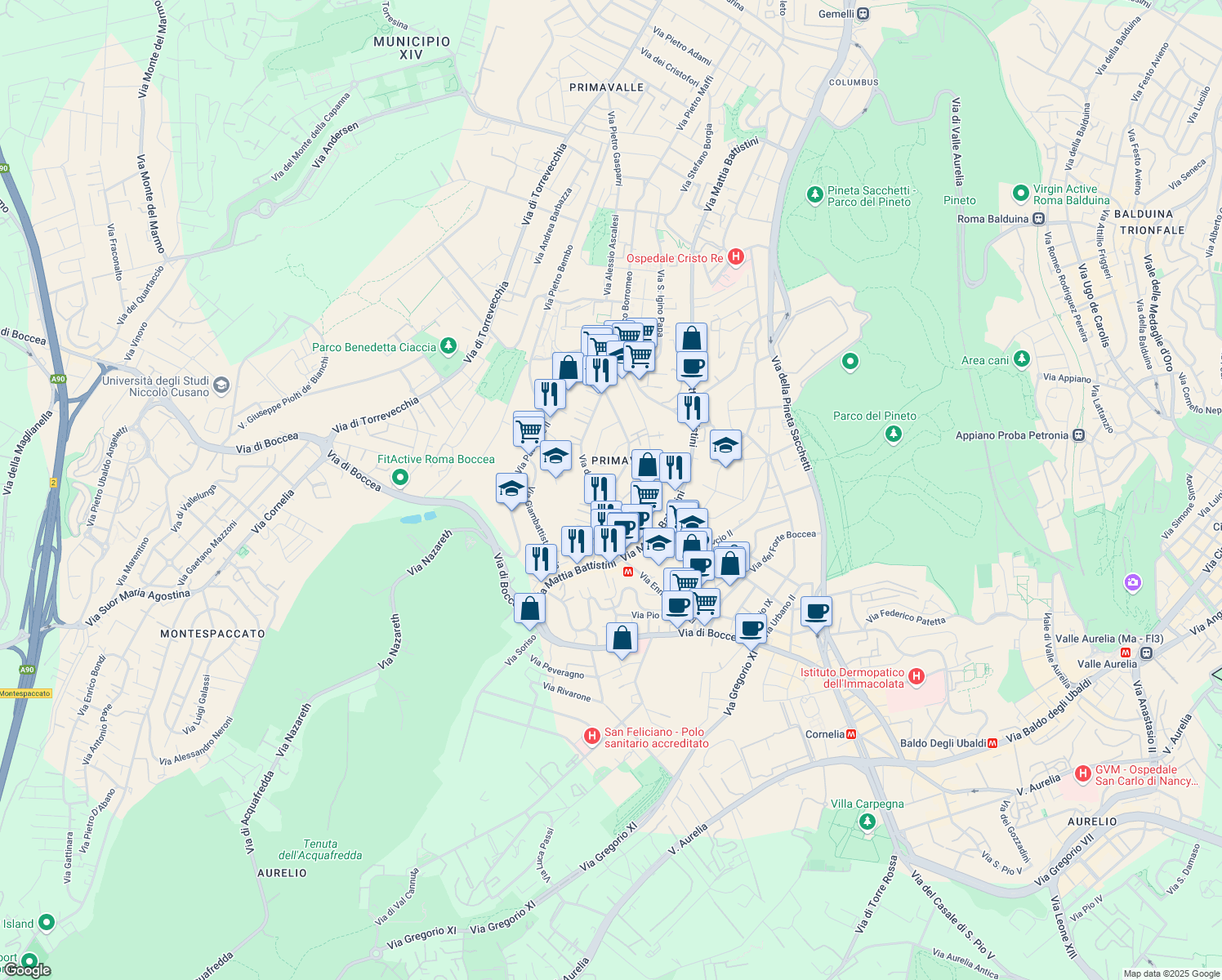map of restaurants, bars, coffee shops, grocery stores, and more near Via Fausta Labia in Rome