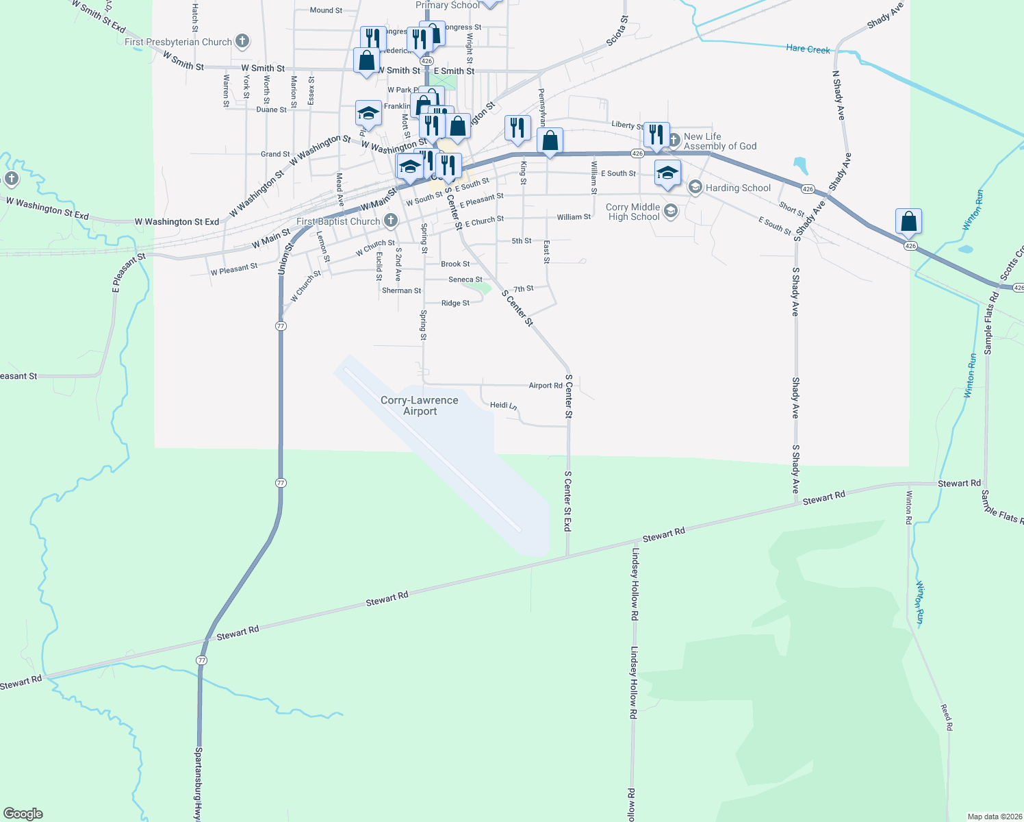 map of restaurants, bars, coffee shops, grocery stores, and more near 33 Heidi Ln in Corry