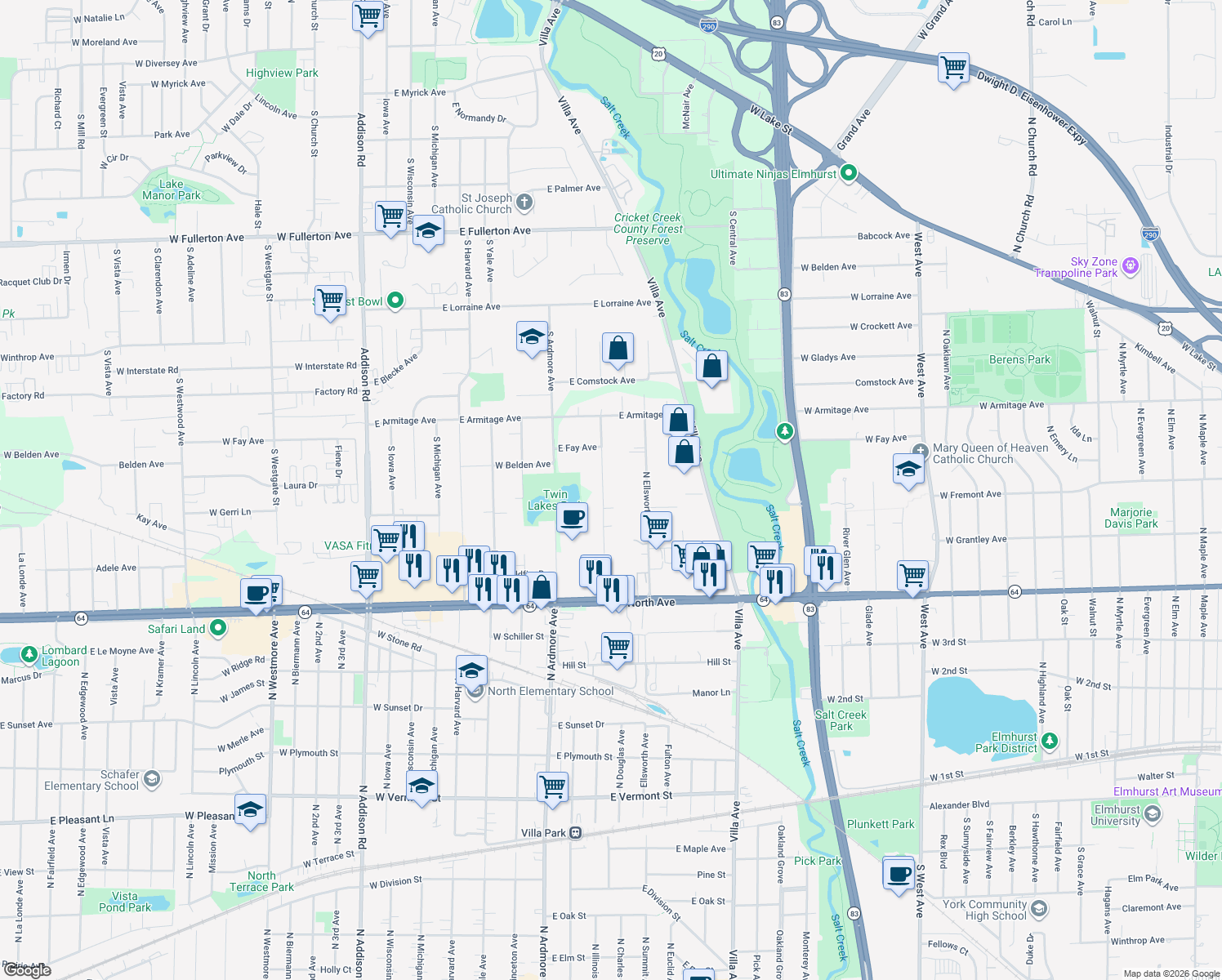 map of restaurants, bars, coffee shops, grocery stores, and more near 931 South Chatham Avenue in Addison