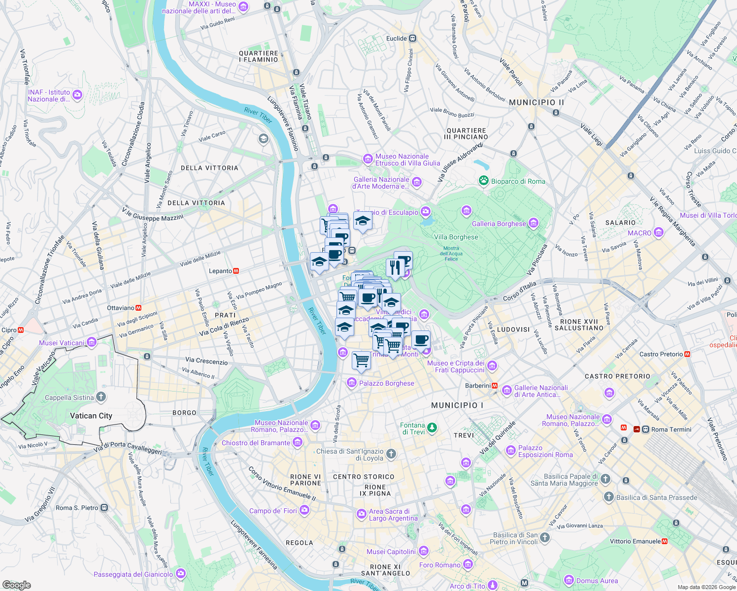 map of restaurants, bars, coffee shops, grocery stores, and more near 9 Via del Babuino in Roma