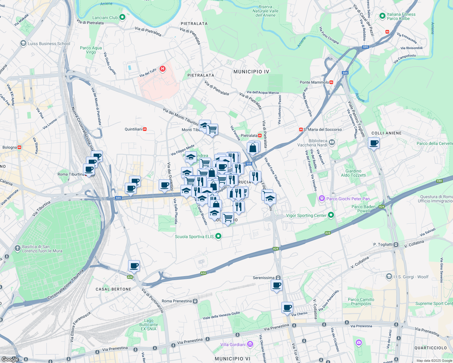 map of restaurants, bars, coffee shops, grocery stores, and more near 15 Via Diego Angeli in Rome