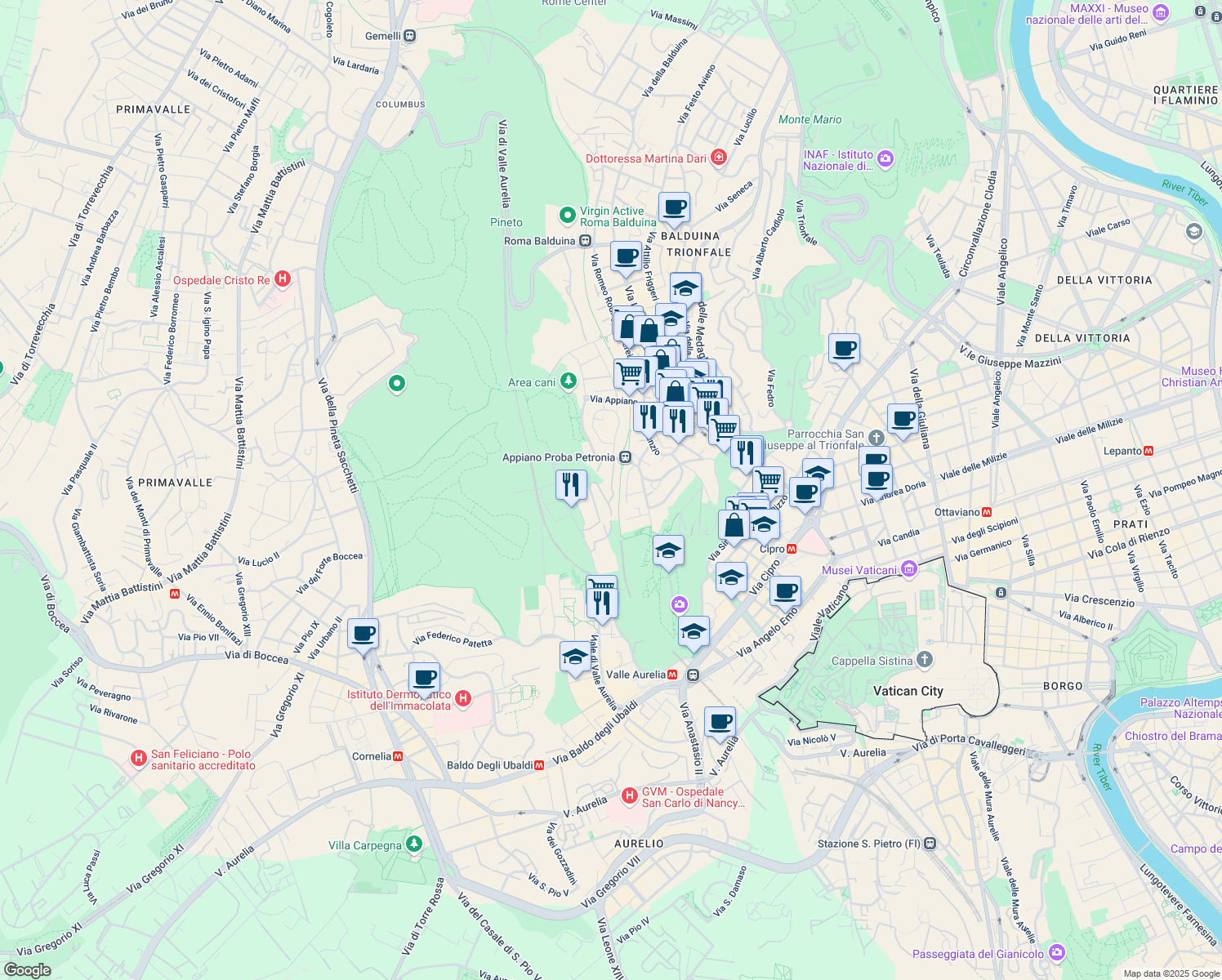 map of restaurants, bars, coffee shops, grocery stores, and more near 30 Via Armando di Tullio in Roma
