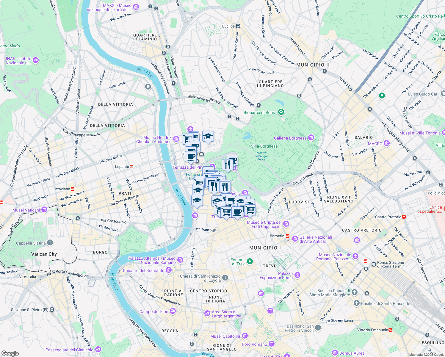 map of restaurants, bars, coffee shops, grocery stores, and more near Viale del Belvedere in Rome
