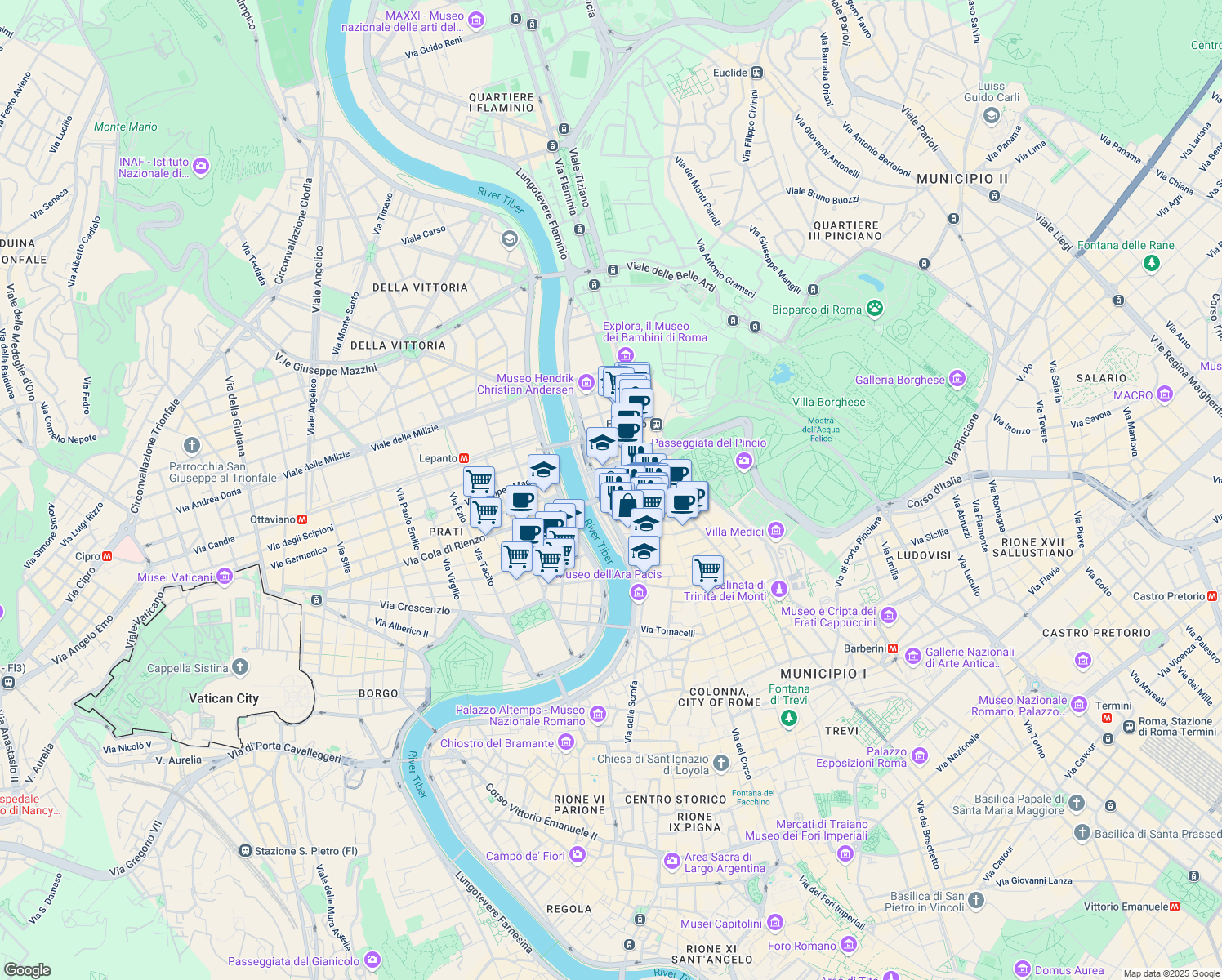 map of restaurants, bars, coffee shops, grocery stores, and more near 6 Via Ferdinando di Savoia in Roma