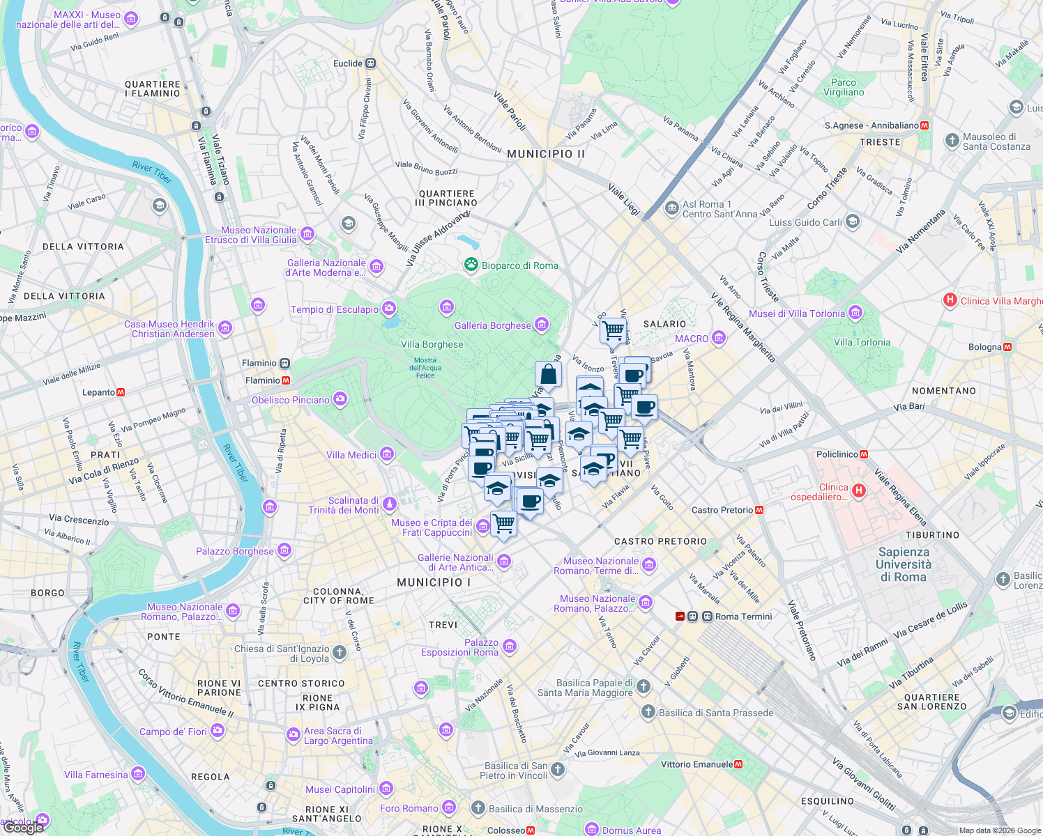 map of restaurants, bars, coffee shops, grocery stores, and more near 11 Corso D'Italia in Rome