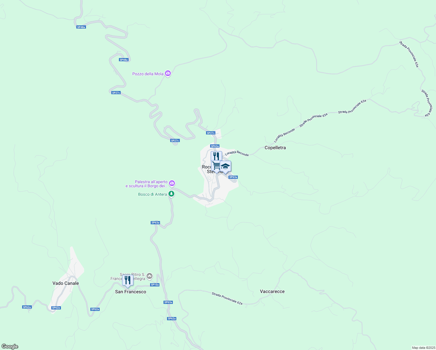 map of restaurants, bars, coffee shops, grocery stores, and more near Strada Provinciale 63a in Rocca Santo Stefano