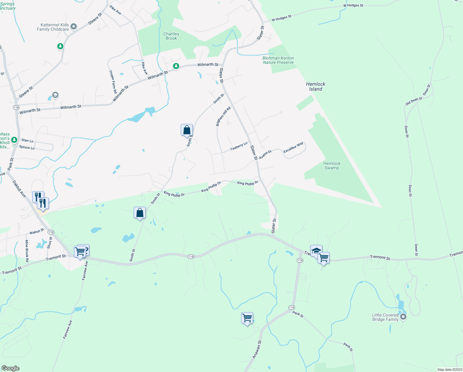 map of restaurants, bars, coffee shops, grocery stores, and more near 21 King Phillip Drive in Rehoboth