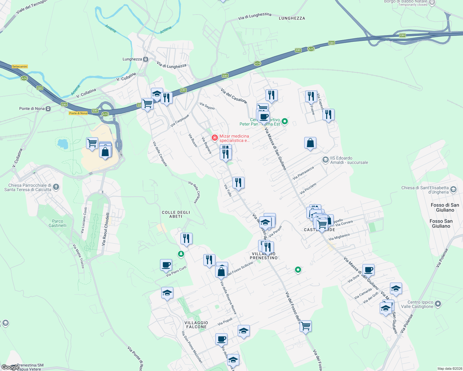 map of restaurants, bars, coffee shops, grocery stores, and more near 551/B Via Fosso dell'Osa in Roma