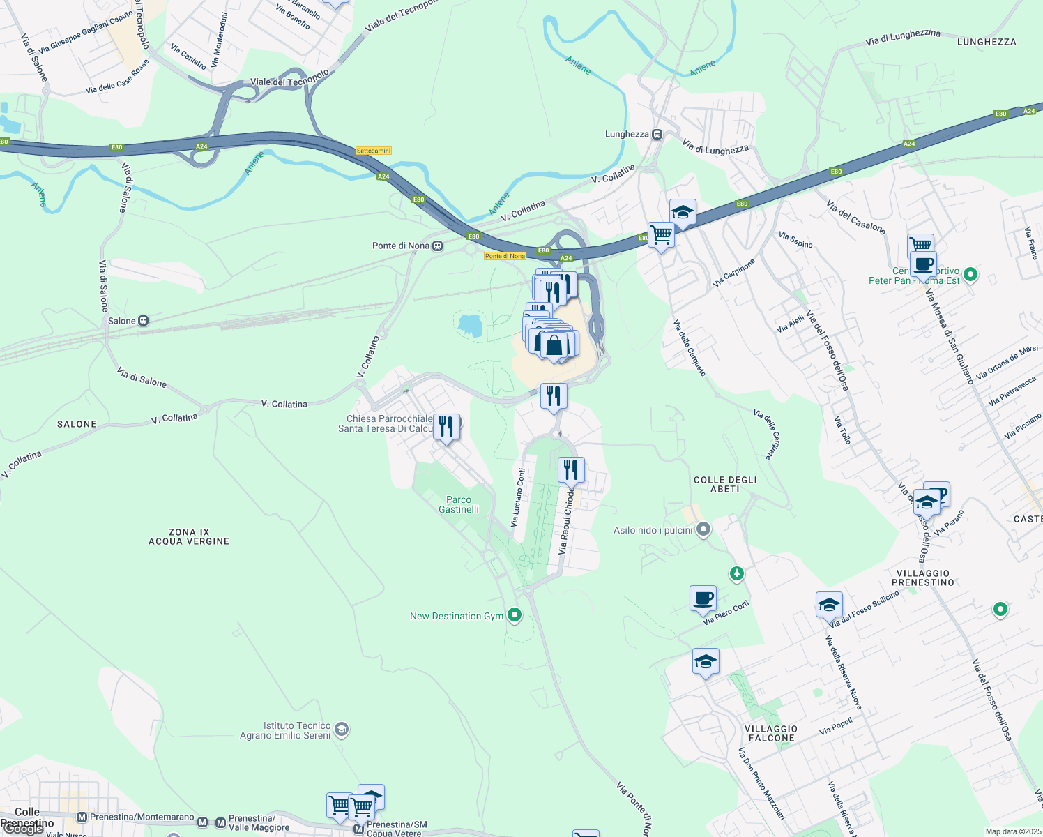 map of restaurants, bars, coffee shops, grocery stores, and more near 56 Via Giorgio Grappelli in Città Metropolitana di Roma