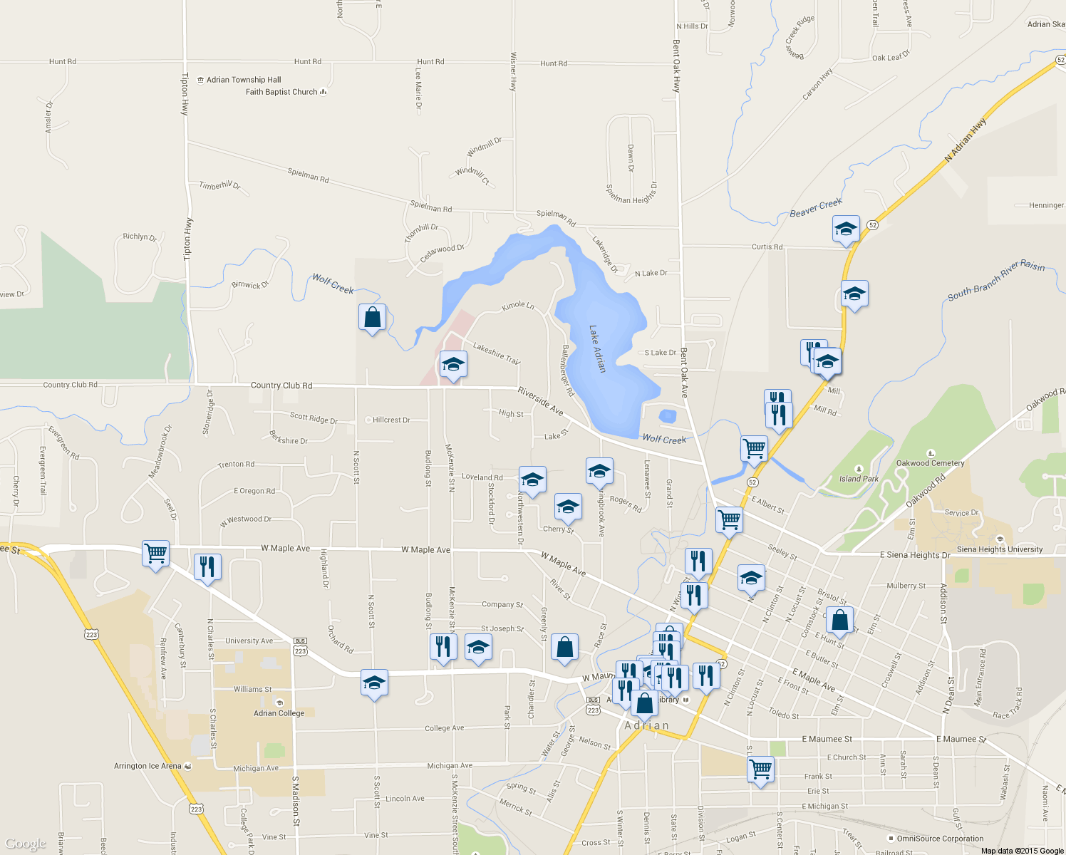 map of restaurants, bars, coffee shops, grocery stores, and more near 840 Sheffield Avenue in Adrian
