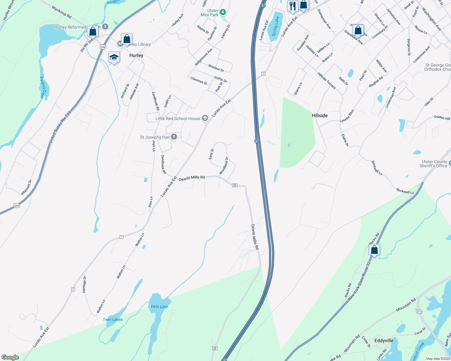 map of restaurants, bars, coffee shops, grocery stores, and more near 72 Dewitt Mills Rd in Hurley