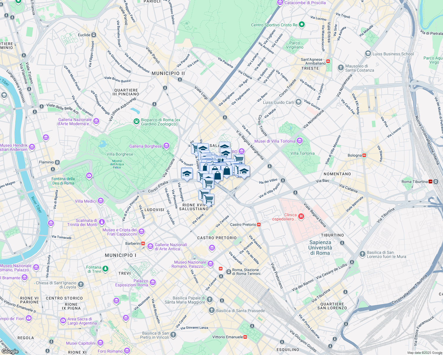 map of restaurants, bars, coffee shops, grocery stores, and more near 17 Via Bergamo in Roma
