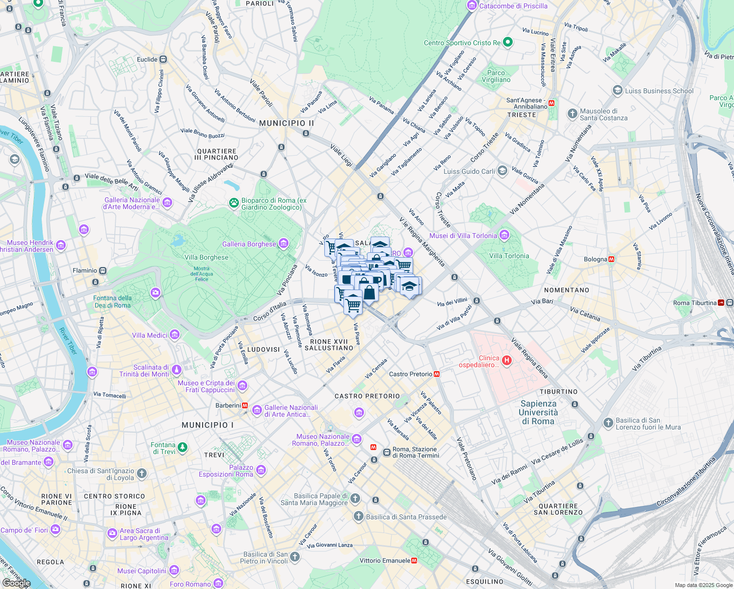 map of restaurants, bars, coffee shops, grocery stores, and more near 17 Via Bergamo in Roma