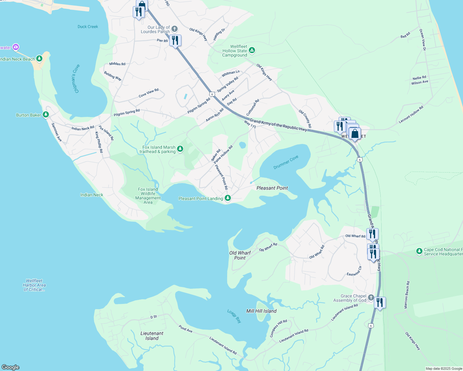 map of restaurants, bars, coffee shops, grocery stores, and more near 45 Highland Avenue in Wellfleet