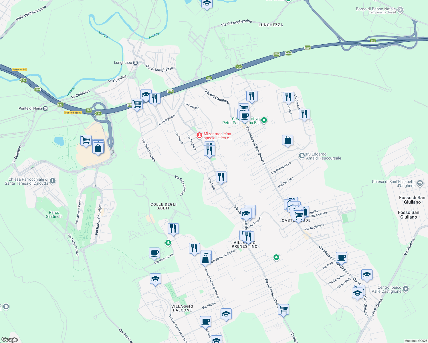 map of restaurants, bars, coffee shops, grocery stores, and more near 551/B Via Fosso dell'Osa in Roma