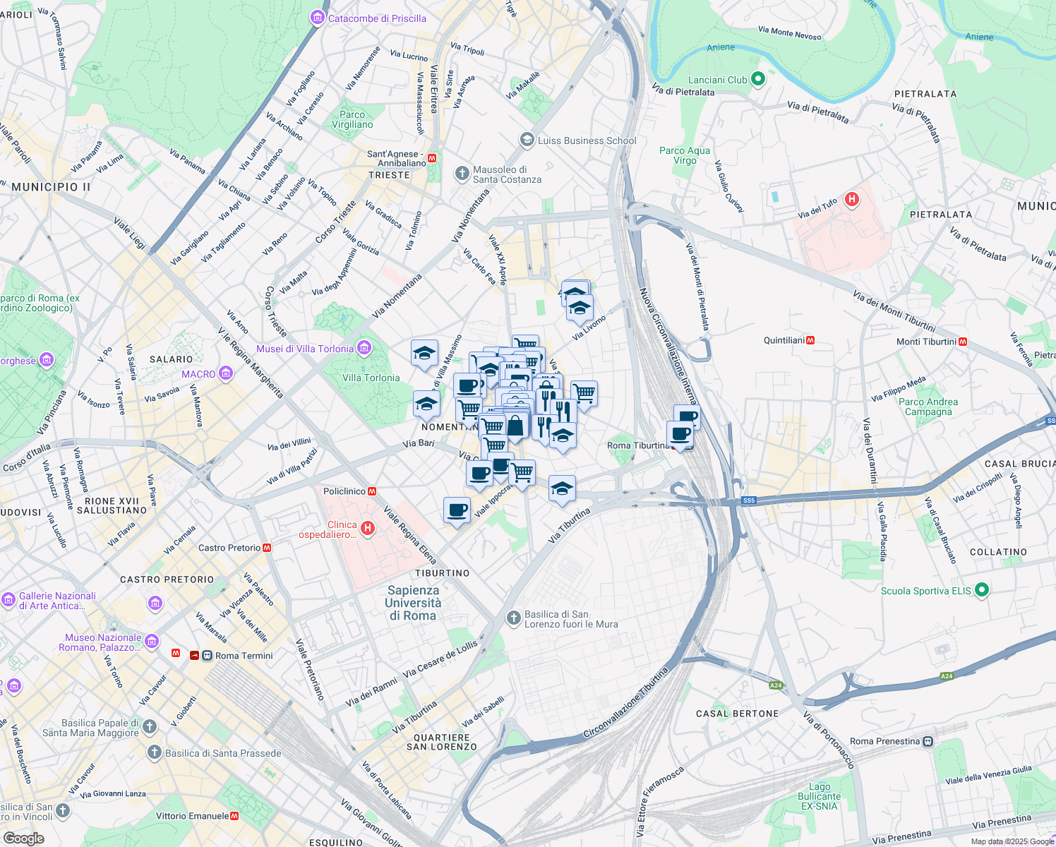 map of restaurants, bars, coffee shops, grocery stores, and more near 2 Via Berengario in Rome