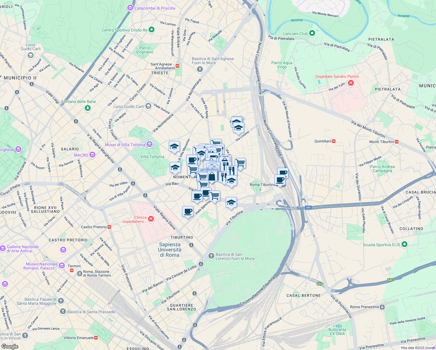 map of restaurants, bars, coffee shops, grocery stores, and more near 2 Via Berengario in Roma