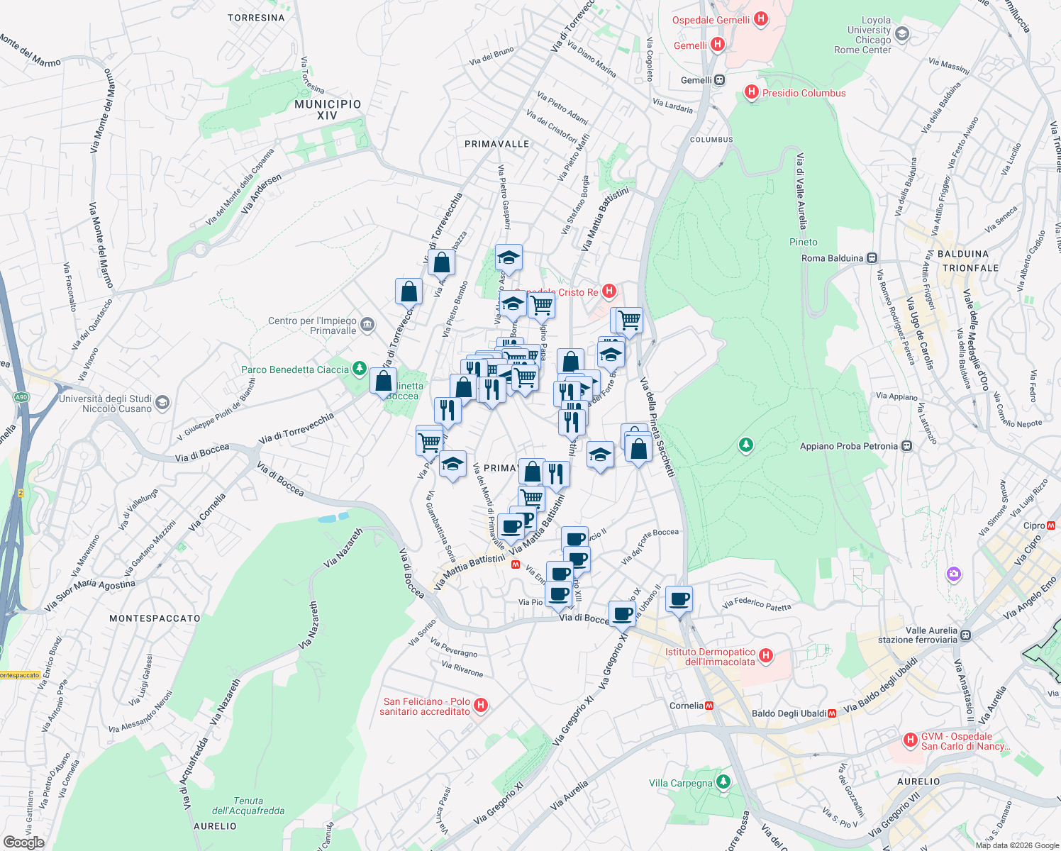 map of restaurants, bars, coffee shops, grocery stores, and more near 122 Via del Forte Braschi in Rome
