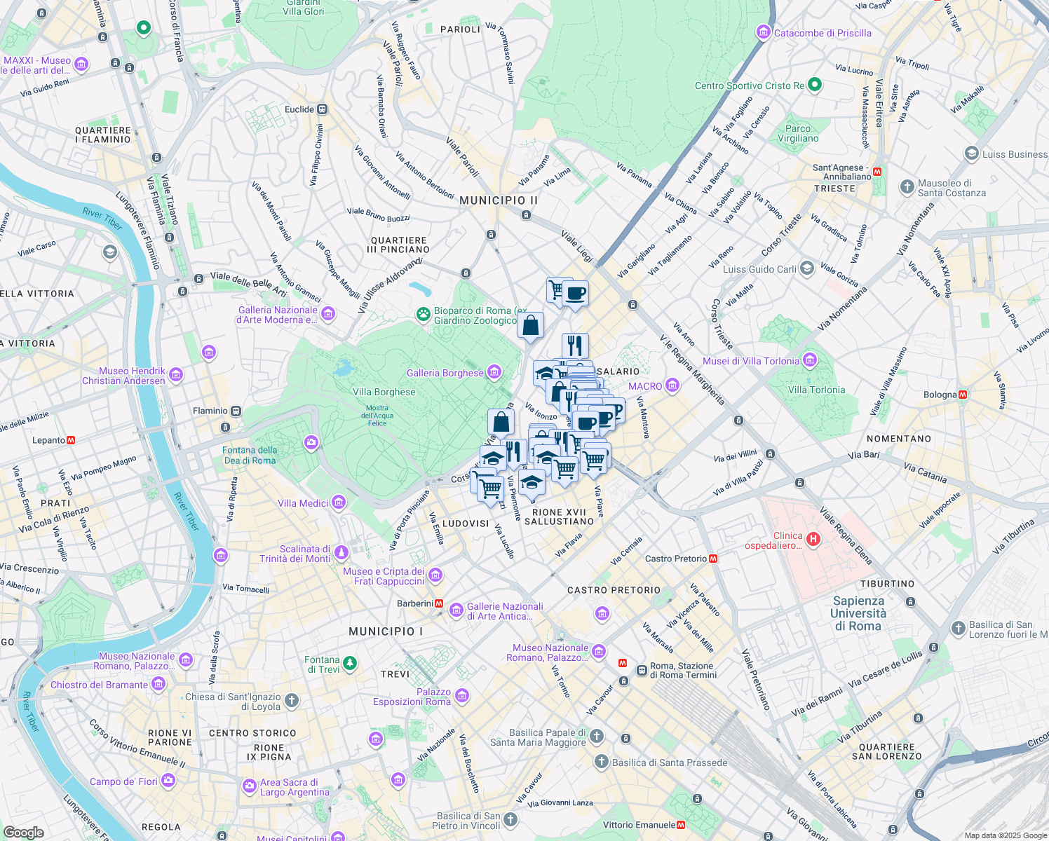 map of restaurants, bars, coffee shops, grocery stores, and more near 14 Via Po in Roma