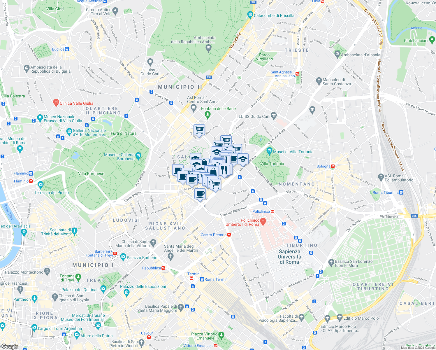 map of restaurants, bars, coffee shops, grocery stores, and more near 34 Via Cagliari in Roma