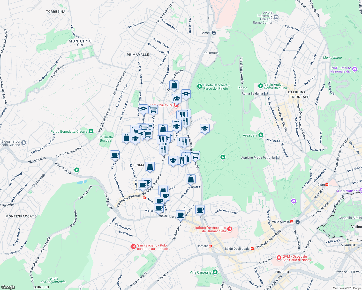 map of restaurants, bars, coffee shops, grocery stores, and more near 47 Via Cardinale Garampi in Roma