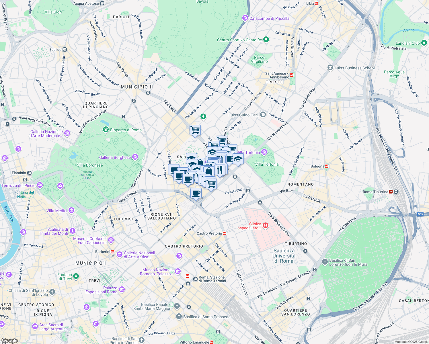 map of restaurants, bars, coffee shops, grocery stores, and more near 34 Via Cagliari in Roma