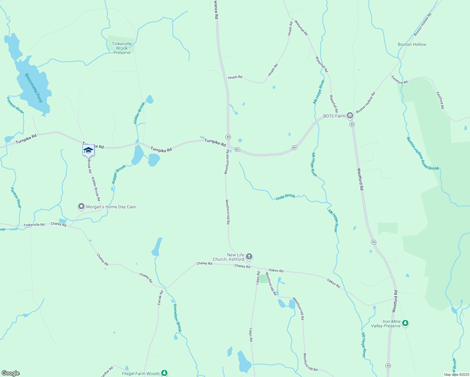 map of restaurants, bars, coffee shops, grocery stores, and more near 492 Westford Hill Road in Ashford