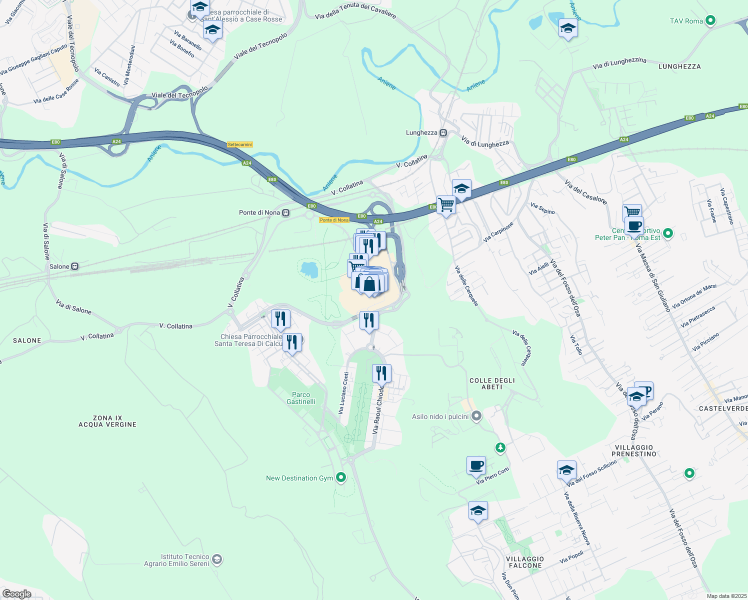 map of restaurants, bars, coffee shops, grocery stores, and more near 56 Via Giorgio Grappelli in Roma