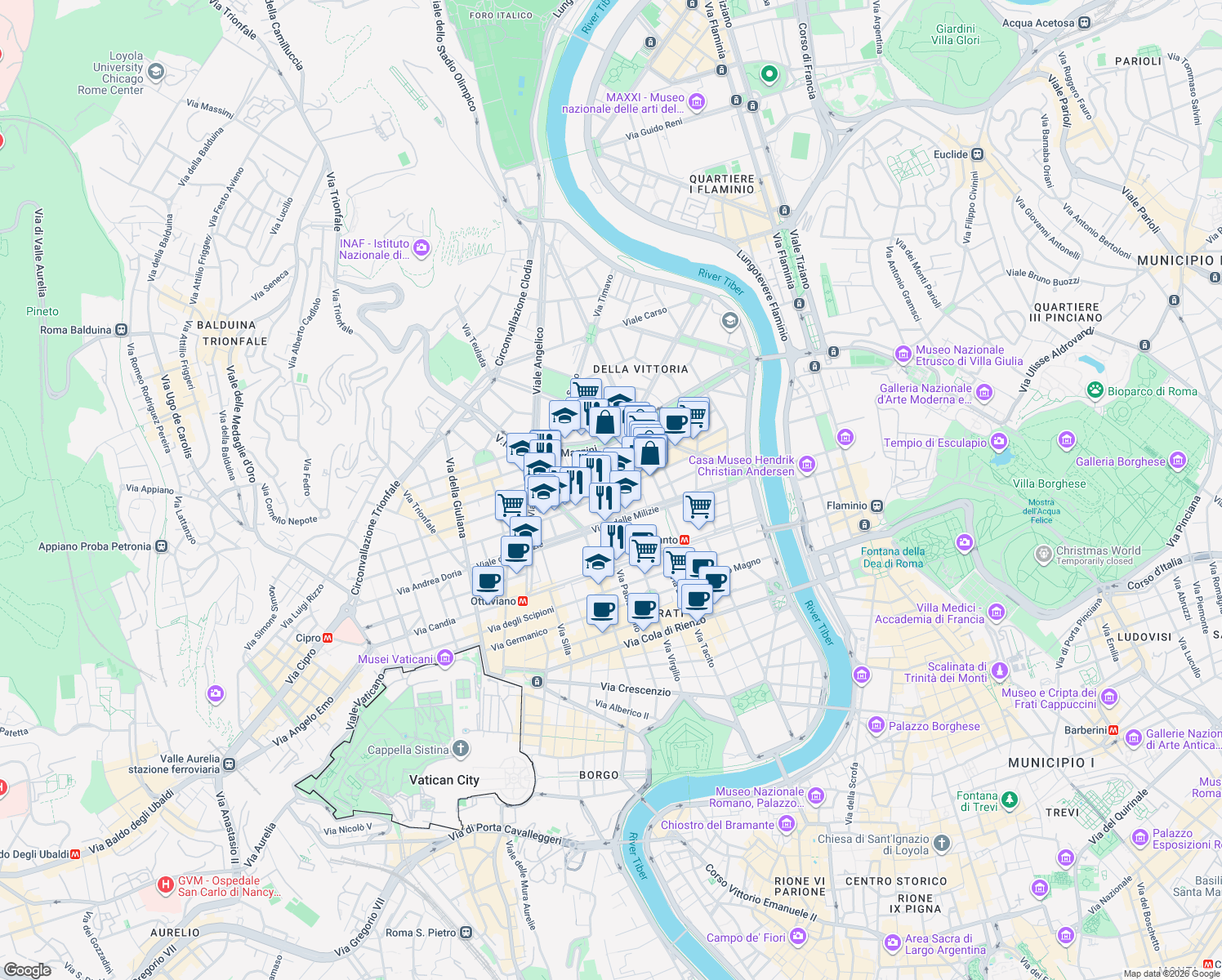 map of restaurants, bars, coffee shops, grocery stores, and more near 2a Via Pietro Borsieri in Roma