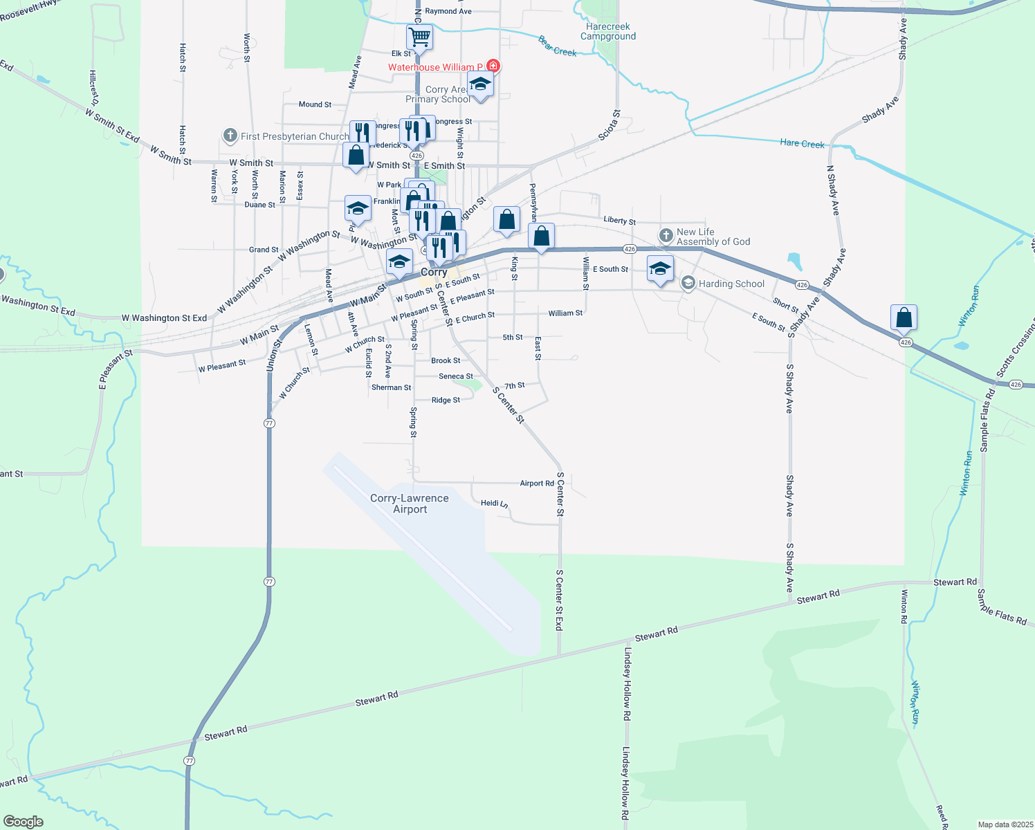 map of restaurants, bars, coffee shops, grocery stores, and more near 899 Chestnut St in Corry