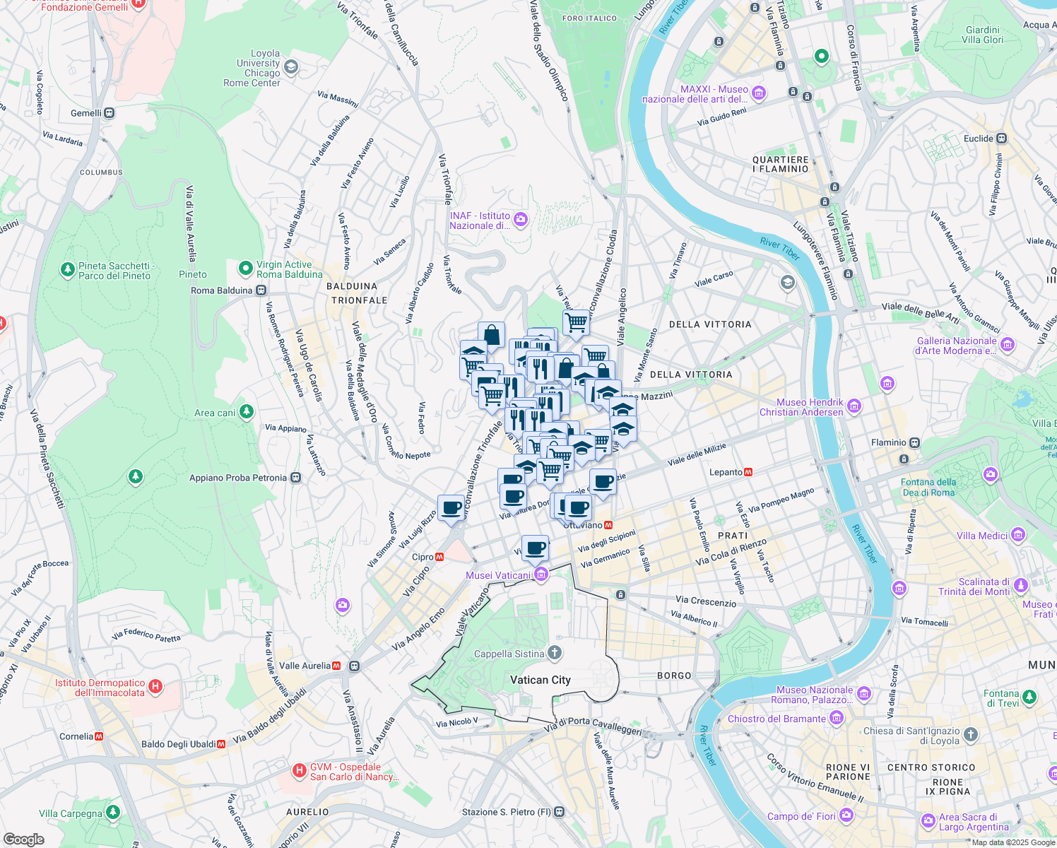 map of restaurants, bars, coffee shops, grocery stores, and more near 16 Via Nazario Sauro in Rome