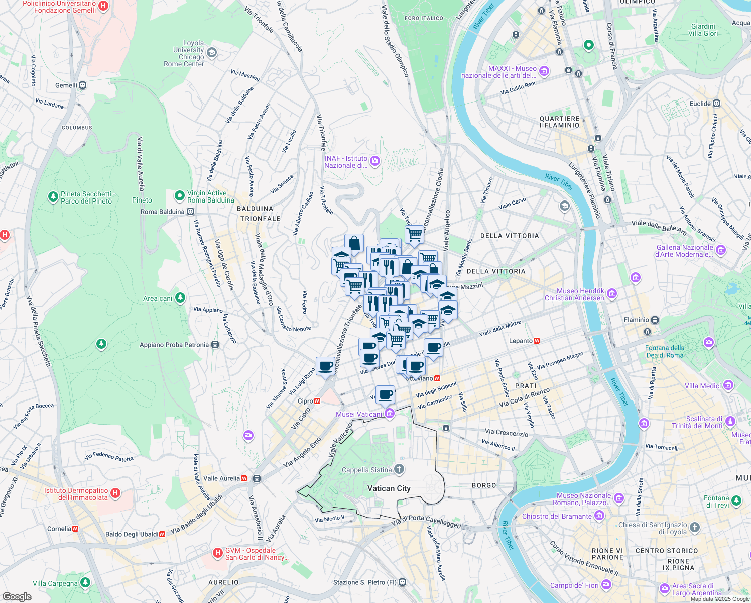 map of restaurants, bars, coffee shops, grocery stores, and more near 10-16 Via Nazario Sauro in Rome