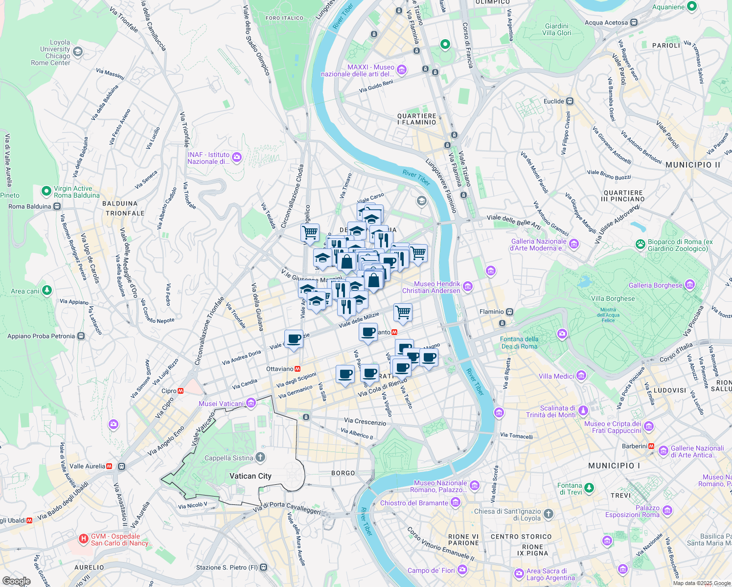 map of restaurants, bars, coffee shops, grocery stores, and more near 2-8 Via Enrico Tazzoli in Rome