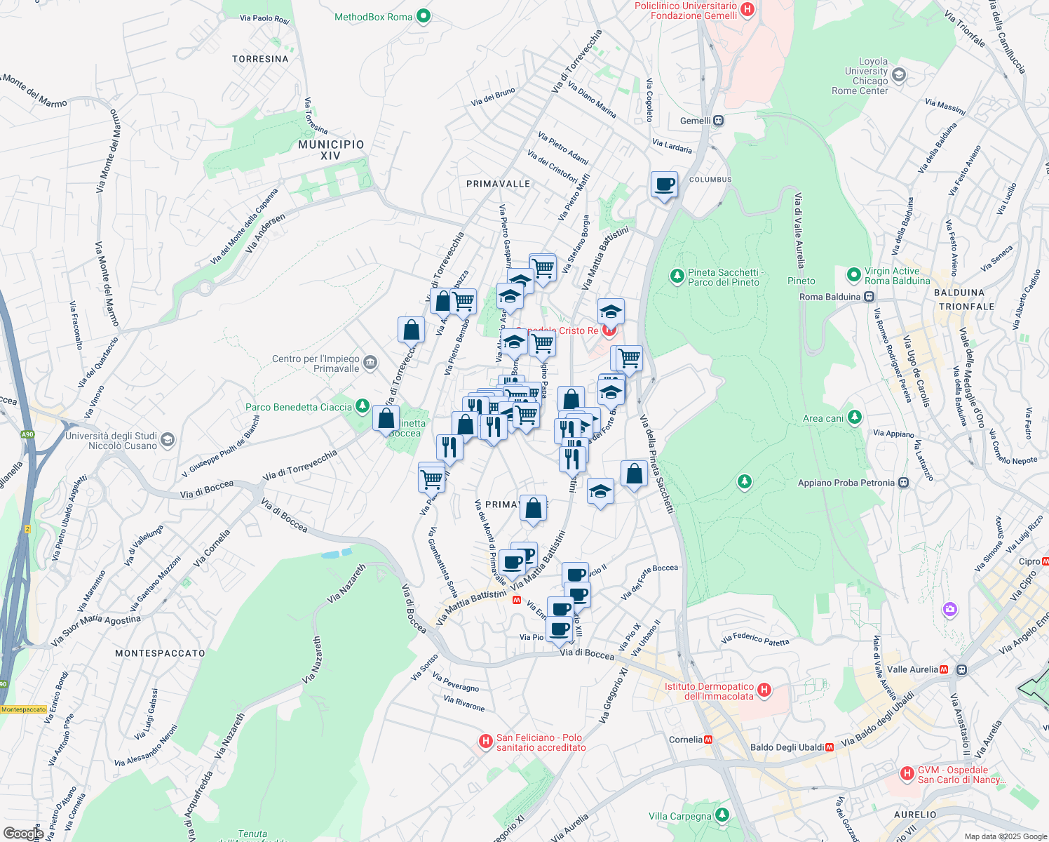 map of restaurants, bars, coffee shops, grocery stores, and more near 9 Via Sant Igino Papa in Roma