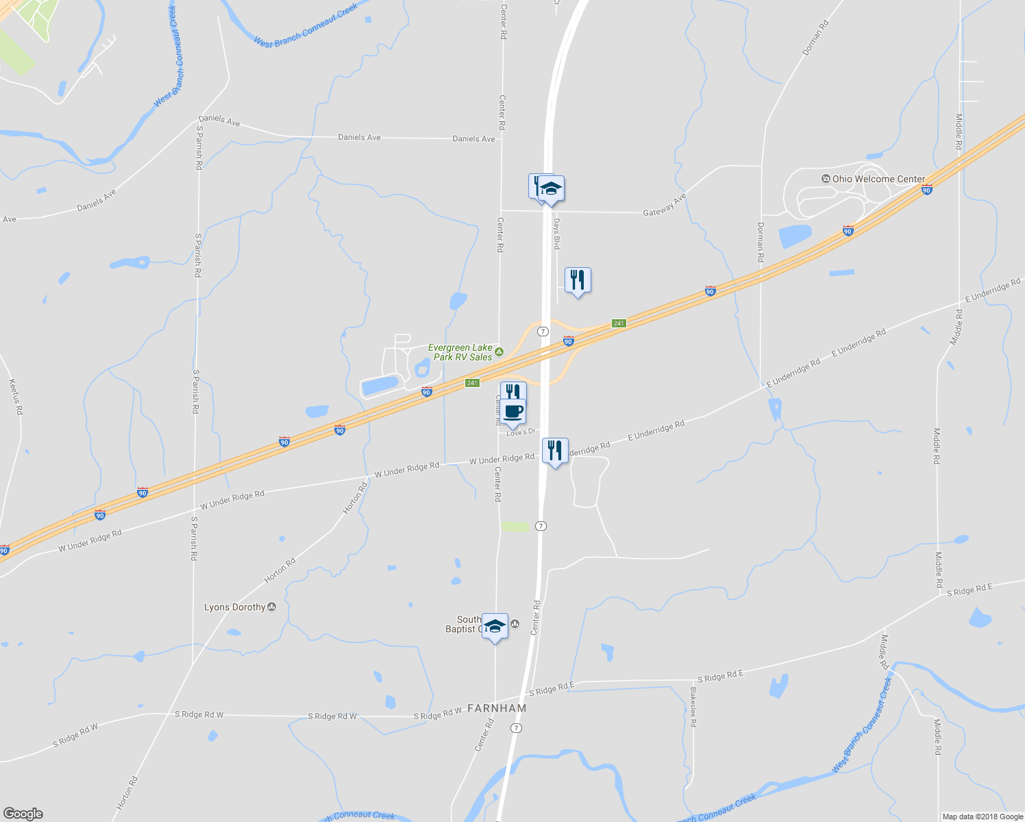 map of restaurants, bars, coffee shops, grocery stores, and more near 2 Love's Drive in Conneaut