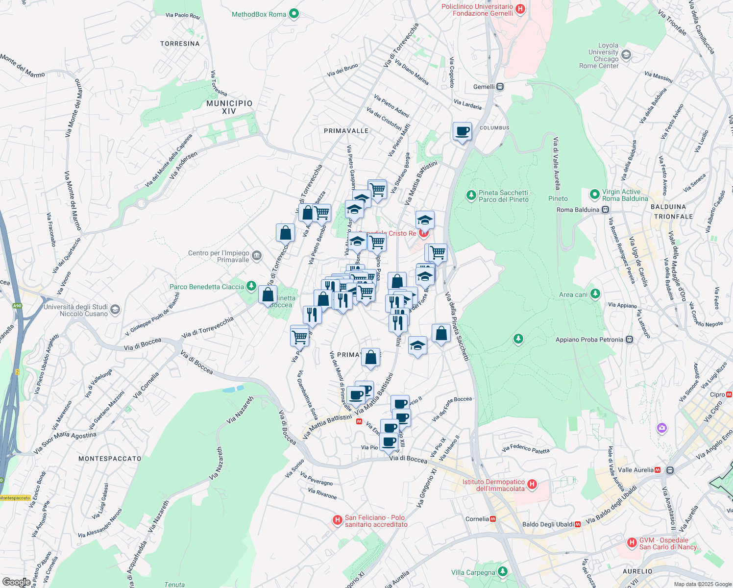 map of restaurants, bars, coffee shops, grocery stores, and more near 9 Via S. Igino Papa in Roma