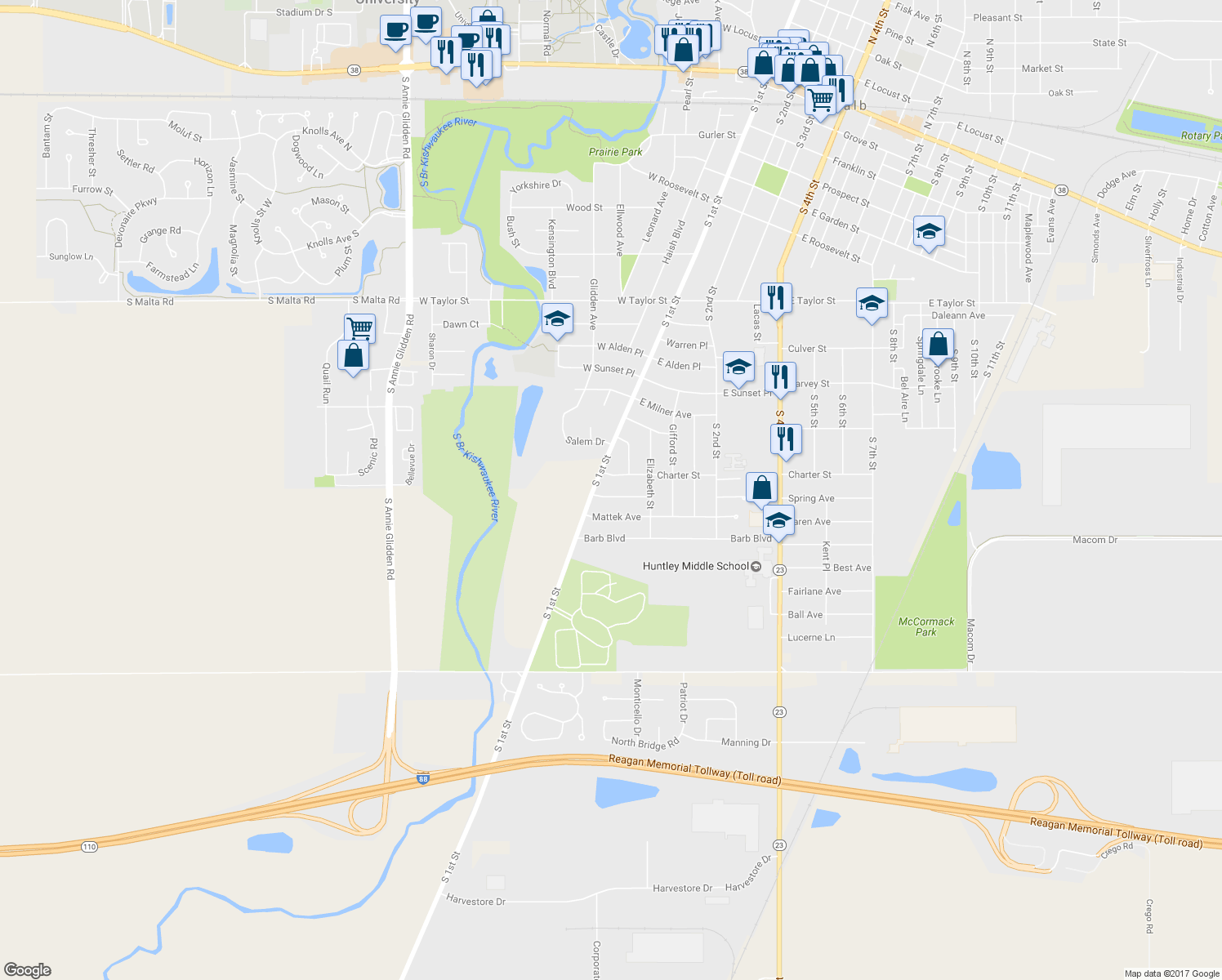 map of restaurants, bars, coffee shops, grocery stores, and more near 107 Pooler Avenue in DeKalb