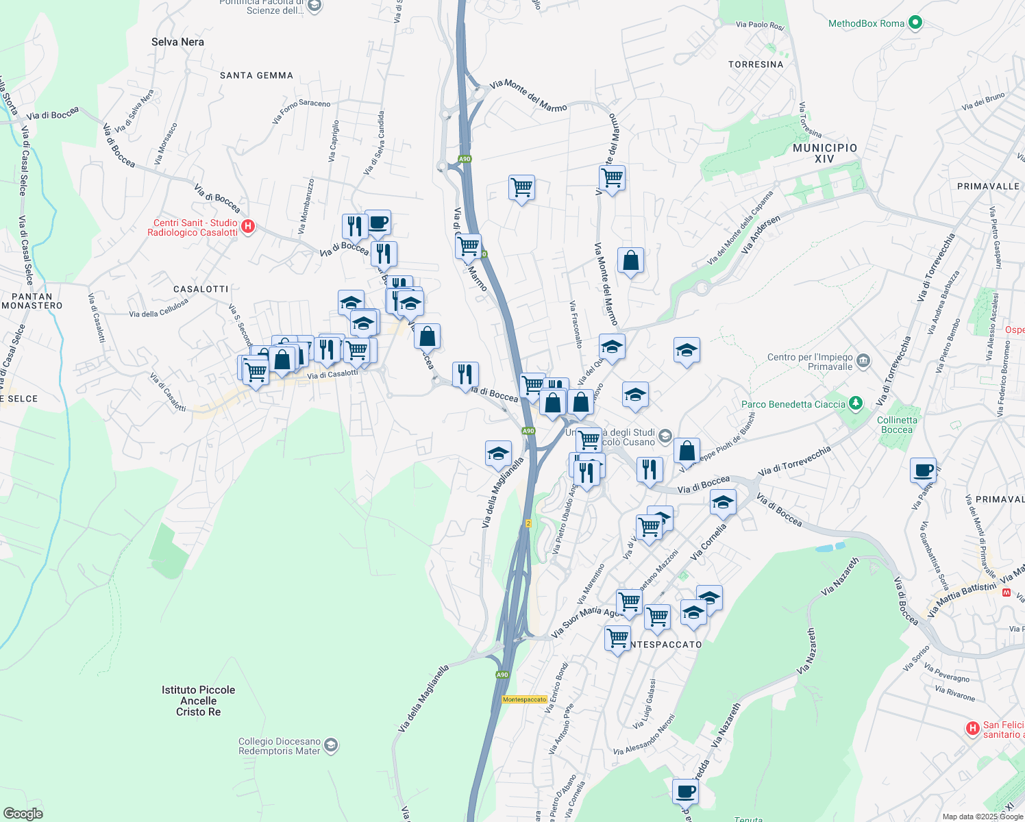 map of restaurants, bars, coffee shops, grocery stores, and more near 350 Via della Maglianella in Roma
